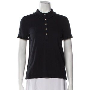 Tory Burch Black Short Sleeve Ruffle Collar Polo